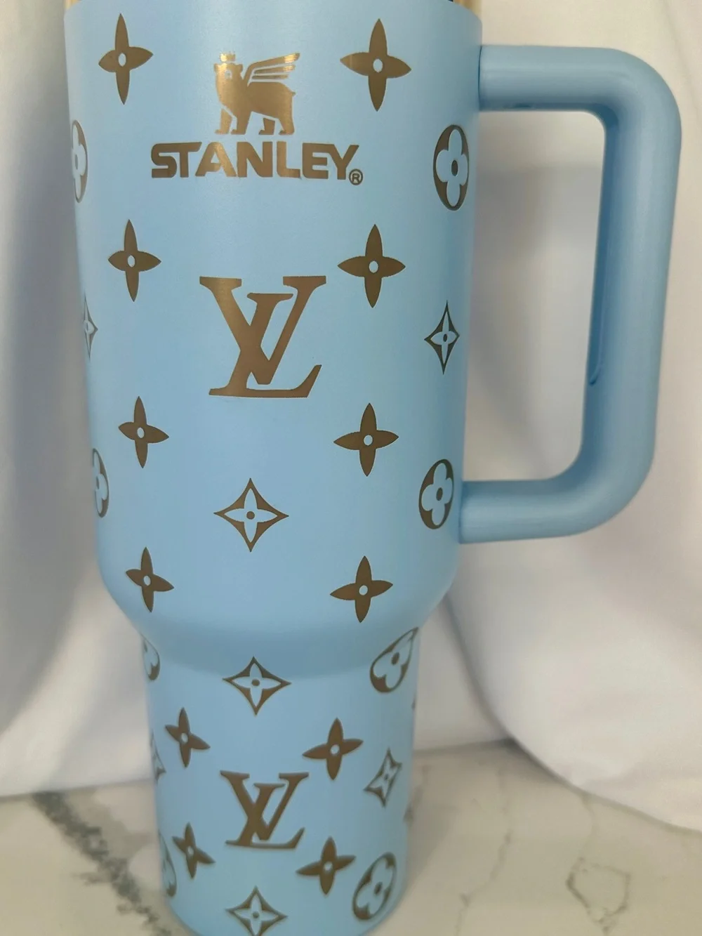 LV Style Baby Blue 40oz Stanley Tumbler w/ Gold Trim NIB - Picture 2 of 3